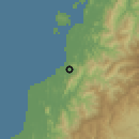 Shaded relief of the 60 km around Kinarut, drawn from the GMTED2010 grid