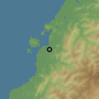 Shaded relief of the 60 km around Kota Kinabalu, drawn from the GMTED2010 grid