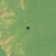 Shaded relief of the 60 km around Kuala Jelai, drawn from the GMTED2010 grid