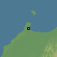 Shaded relief of the 60 km around Kuala Penyu, drawn from the GMTED2010 grid