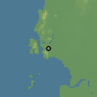 Shaded relief of the 60 km around Lumut, drawn from the GMTED2010 grid