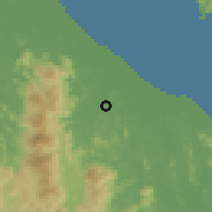 Shaded relief of the 60 km around Bandar Permaisuri, drawn from the GMTED2010 grid