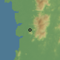 Shaded relief of the 60 km around Padang Gajah, drawn from the GMTED2010 grid
