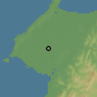 Shaded relief of the 60 km around Padas Damit, drawn from the GMTED2010 grid