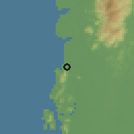 Shaded relief of the 60 km around Pantai Remis, drawn from the GMTED2010 grid