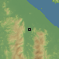 Shaded relief of the 60 km around Pasir Akar, drawn from the GMTED2010 grid
