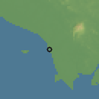 Shaded relief of the 60 km around Pontian Kecil, drawn from the GMTED2010 grid