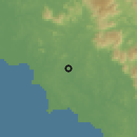 Shaded relief of the 60 km around Sagga, drawn from the GMTED2010 grid
