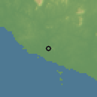 Shaded relief of the 60 km around Batu Berendam, drawn from the GMTED2010 grid