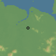 Shaded relief of the 60 km around Simunjan, drawn from the GMTED2010 grid