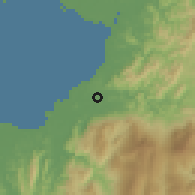 Shaded relief of the 60 km around Sindumin, drawn from the GMTED2010 grid