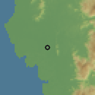 Shaded relief of the 60 km around Sungai Gedong, drawn from the GMTED2010 grid