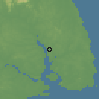 Shaded relief of the 60 km around Telok Sengat, drawn from the GMTED2010 grid