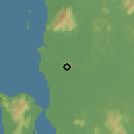 Shaded relief of the 60 km around Tikam Batu, drawn from the GMTED2010 grid