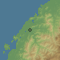Shaded relief of the 60 km around Tuaran, drawn from the GMTED2010 grid