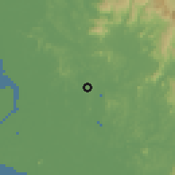 Shaded relief of the 60 km around Batu Tiga, drawn from the GMTED2010 grid
