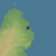 Shaded relief of the 58 km around Poste de Flacq, drawn from the GMTED2010 grid