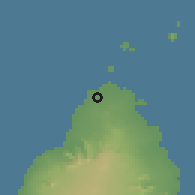 Shaded relief of the 59 km around Grand Baie, drawn from the GMTED2010 grid
