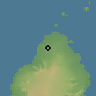 Shaded relief of the 59 km around Morcellement Saint André, drawn from the GMTED2010 grid