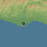 Shaded relief of the 59 km around Ciudad Lázaro Cárdenas, drawn from the GMTED2010 grid