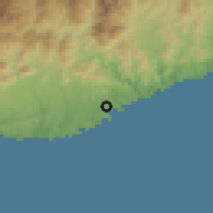 Shaded relief of the 59 km around Crucecita, drawn from the GMTED2010 grid