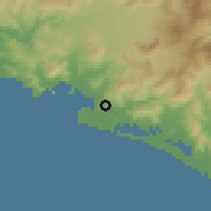 Shaded relief of the 59 km around El Colomo, drawn from the GMTED2010 grid