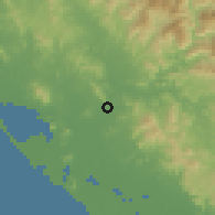 Shaded relief of the 58 km around El Rosario, drawn from the GMTED2010 grid
