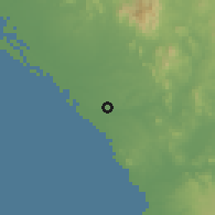 Shaded relief of the 58 km around La Cruz, drawn from the GMTED2010 grid