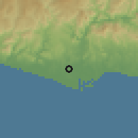 Shaded relief of the 59 km around La Orilla, drawn from the GMTED2010 grid
