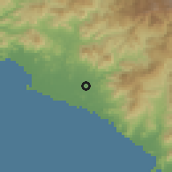 Shaded relief of the 59 km around Petatlán, drawn from the GMTED2010 grid