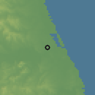 Shaded relief of the 58 km around Túxpam de Rodríguez Cano, drawn from the GMTED2010 grid