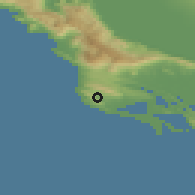 Shaded relief of the 53 km around Bratica, drawn from the GMTED2010 grid