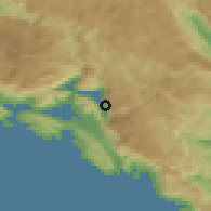 Shaded relief of the 52 km around Dobrota, drawn from the GMTED2010 grid
