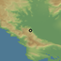 Shaded relief of the 53 km around Donji Murići, drawn from the GMTED2010 grid