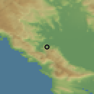 Shaded relief of the 53 km around Godinje, drawn from the GMTED2010 grid