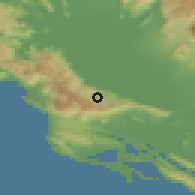 Shaded relief of the 53 km around Koštanjica, drawn from the GMTED2010 grid