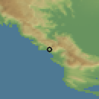 Shaded relief of the 53 km around Miljevci, drawn from the GMTED2010 grid