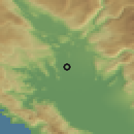 Shaded relief of the 52 km around Mitrovići, drawn from the GMTED2010 grid