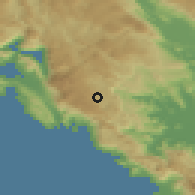 Shaded relief of the 52 km around Očinići, drawn from the GMTED2010 grid