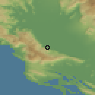 Shaded relief of the 53 km around Bobovište, drawn from the GMTED2010 grid