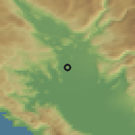 Shaded relief of the 52 km around Srpska, drawn from the GMTED2010 grid
