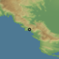 Shaded relief of the 53 km around Sutomore, drawn from the GMTED2010 grid