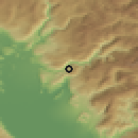 Shaded relief of the 52 km around Trabojin, drawn from the GMTED2010 grid