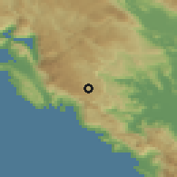 Shaded relief of the 52 km around Vrela, drawn from the GMTED2010 grid