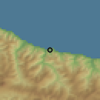 Shaded relief of the 55 km around Jebha, drawn from the GMTED2010 grid