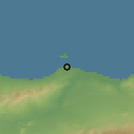 Shaded relief of the 55 km around Ras El Ma, drawn from the GMTED2010 grid