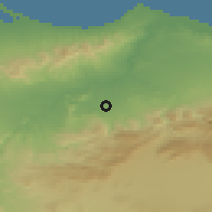 Shaded relief of the 55 km around Aklim, drawn from the GMTED2010 grid