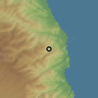 Shaded relief of the 54 km around Hirkan, drawn from the GMTED2010 grid