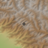 Shaded relief of the 53 km around Oğuz, drawn from the GMTED2010 grid