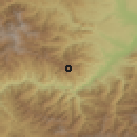 Shaded relief of the 54 km around Bartaz, drawn from the GMTED2010 grid
